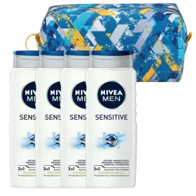   NIVEA MEN SENSITIVE Moški gel za prhanje za umivanje 500ml x4 + Kozmetična torbica