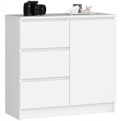 Komoda za spalnico brez ročajev, bela, 3 prostorni predali, 80 cm, moderna