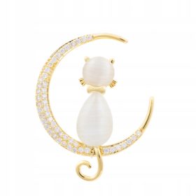 Elegantna pozlačena broška mačka na mesecu s cirkoni