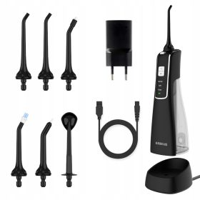   Brezžični zobni irigator Krexus s polnilno postajo in 6 šobami črne barve