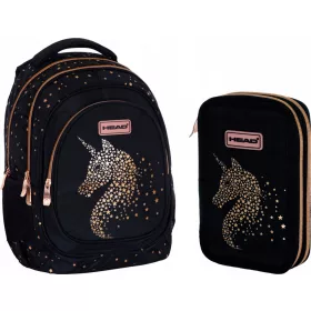   UNICORN Šolski nahrbtnik Black Gold Head + dvojna raztegljiva peresnica