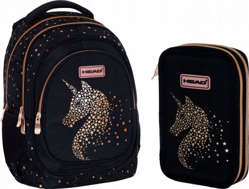 UNICORN Šolski nahrbtnik Black Gold Head + dvojna raztegljiva peresnica