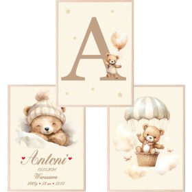    Komplet 3 plakatov A3 Beige Teddy Bears z baloni z imenom otroka