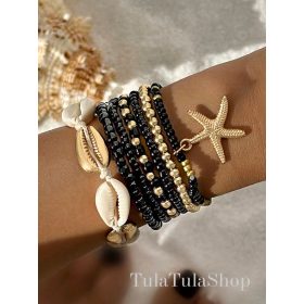 KOMPLET NAKITA IZ ŠKOLJK ZAPESTNICE Z ZLATI ČRNI BISERI