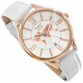   DAMSKI ZEGAREK AVIATOR ŽENSKA AVW8636L14 BELA NA PAŠKU SVETOVNI ZEMLJEVID PODATKI CASUAL