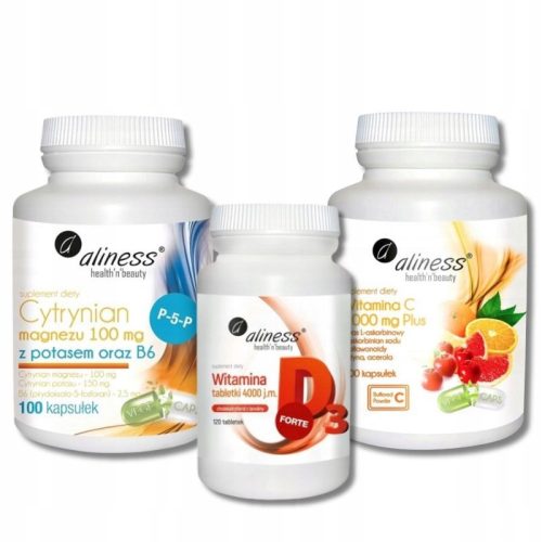 Aliness Komplet Prehranskih Doplačil: Vitamin C 1000, Vitamin D3 4000 IU, Magnezijev Citrat s Kalijem in Vitaminom D3