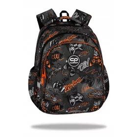  Večnamenski šolski nahrbtnik CoolPack Jerry 21L, primeren za učence od 1. do 3. razreda, igričarski motiv, črno-siv