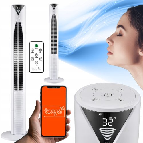 Stebrni ventilator Lovio AirWave PRO beli talni stojni ventilator z daljinskim upravljalnikom in ionizacijo