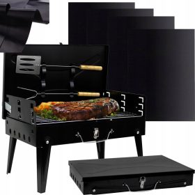    VRTNI TURISTIČNI ŽAR ZLOŽLJIV PRENOSNI KOVČEK + JEDILNI PRIBOR + 4 x PODLOGA