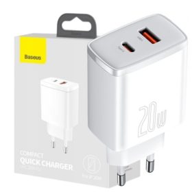   Hitri USB polnilec Baseus Compact QC 3.0 USB / USB-C 20W PD Bela
