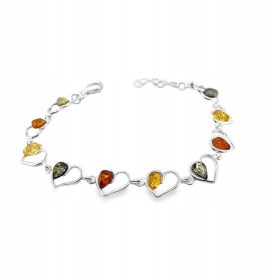   Srebrna zapestnica z baltskim jantarjem, srebro 925, srčki v pisavi