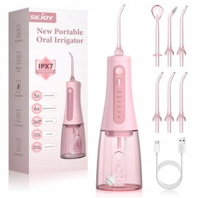   Električni brezžični irigator za zobe 5 načinov/6 šob, 350ml, roza