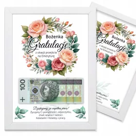   Plakat za darilo ob upokojitvi s finančnim prispevkom za upokojitev s podatki o deklici in okvirjem