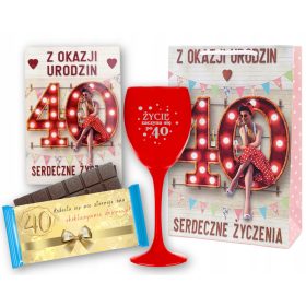  Darilo za 40. rojstni dan za žensko - Eleganten set s kozarcem za vino, čokolado in čestitko
