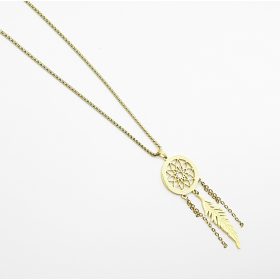    Dolga ogrlica iz kirurškega jekla, zlat lovilec sanj, velika verižica iz perja