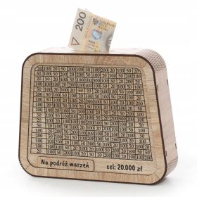   Drewnena skrinjica za varčevanje z izbrisanim ciljem 20.000 evrov