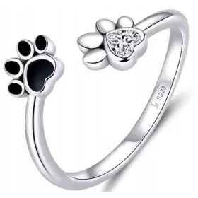   Nastavljiv srebrn prstan z motivom psa, mačke, tace in srca 925 + DAR!