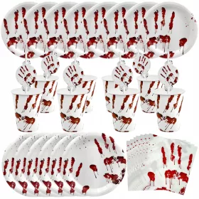    Velik set krožnikov, skodelic, serviet, slamic, Halloween Bloody Hand, 40 kos