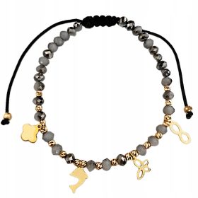 Zapestnica iz zlata 585 s sivimi kroglicami in obeski