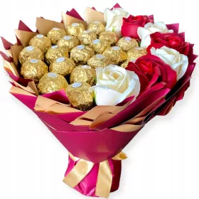   Sladki Darilni Šopek Ferrero Rocher z Milnimi Vrtnicami za Rojstni Dan in Obletnico Upokojitve