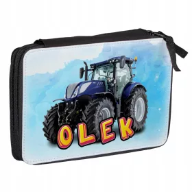   Velik šolski peresnik z dvema predelkoma - Traktor v modri barvi - personalizirana gravura imena