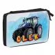 Velik šolski peresnik z dvema predelkoma - Traktor v modri barvi - personalizirana gravura imena