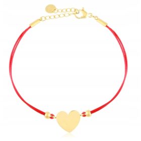   ZLATA BRACELETKA IZ KIRURŠKEGA JEKLA 316L S ČRTASTIM RDEČIM VRVICAM SRCA