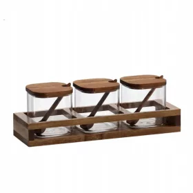   SET STEKLENIH POSOD 3 KOS X 400 ML Z DREWNIANIMI ŽLIČKAMI IN PODSTAVKOM