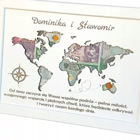   POROČNO DARILO Graweriran OKVIR Zemljevid sveta za denar s posvetilom