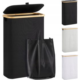 Kos za perilo s pokrovom, 48 l, leseno stojalo, zložljiv