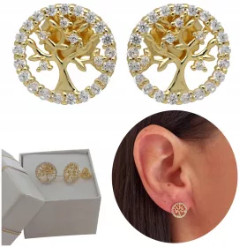    Pozlačeni srebrni uhani drevesce sreče s cirkoni, 925 SREBRO