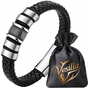    MOŠKA ZAPESTNICA PLETENICA 316L NARAVNO USNJE ČRNO PREMIUM