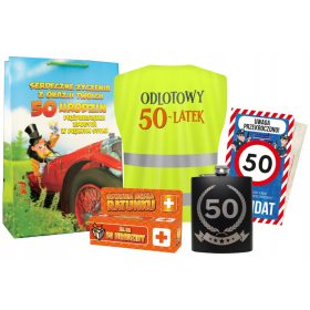   Eleganten komplet za 50. rojstni dan za moškega - Piersiówka, Kamizelka, Kartka Mandat, Mydełko, Torebka