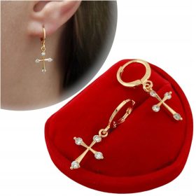    ZLATI VISEČI KRIŽNI UHANI S CIRKONIJEM, ELEGANTNI, SUBTILNI ZA ŽENSKE