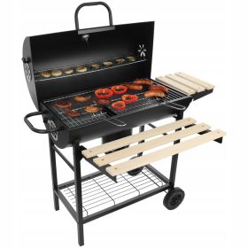    Velik vrtni žar na oglje na kolesih s policami in kuriščem, ki ga je mogoče zakleniti