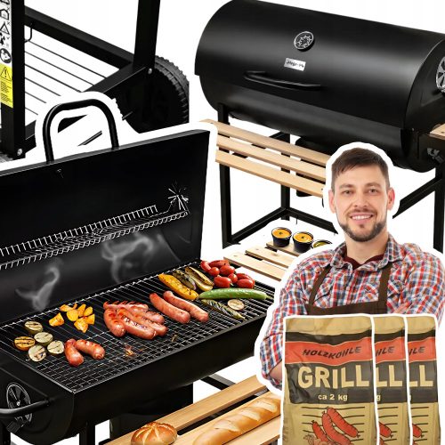  Vrtni žar na oglje Barrel mize jeklena rešetka s termometrom + 6kg PREMOGA