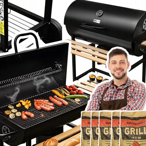  Vrtni žar na oglje Sod mize jeklena rešetka termometer + 10 kg premoga
