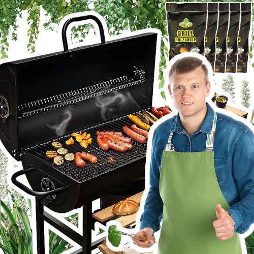  Vrtni žar Mize za sod jeklena masivna rešetka s termometrom + 10 kg premoga