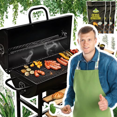  Vrtni žar Mize za sod Jeklena masivna rešetka s termometrom + 6 kg premoga
