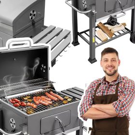    Vrtni žar na oglje s pokrovom, pomožna mizica, litoželezna rešetka, masivna 25 kg