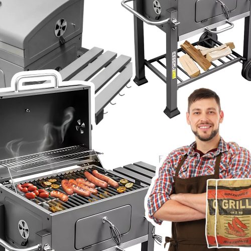  Vrtni žar na oglje, termometer, masivna litoželezna rešetka + 4kg premoga