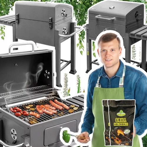 Vrtni žar s pokrovom, pomožna mizica, litoželezna masivna rešetka + 4 kg premoga