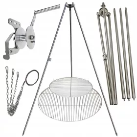    Stojalo za vrtni žar 200 cm nerjaveče jeklo 2 rešetki 50 in 80 cm vrv na kolutu