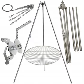    Stojalo za vrtni žar 225cm nerjaveče jeklo + rešetka 90cm + kolut + INOX vrv