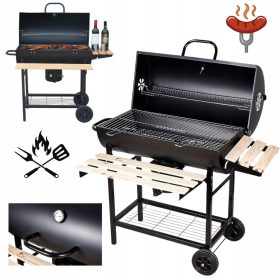    VELIK VRTNI PROSTOSTOJEČI ŽAR NA OGLJE NA KOLESIH LESENE POLICE POKROV