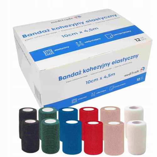 Set kohezivnih samolepilnih elastičnih povojev 10 cm x 4,5 m, 12 kosov, različne barve