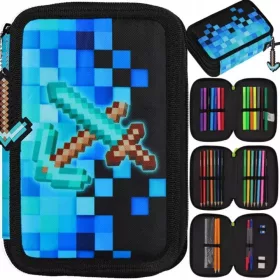   Trojni šolski peresnik Starpak Pixels z opremo - Modra zložljiva peresnica za dečke