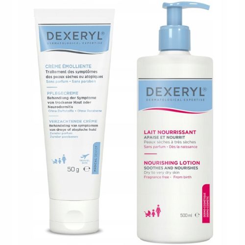 Dexeryl Komplet za nego suhe in atopične kože: Emolientna krema 50 ml + Nourishing losjon 500 ml