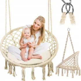   Viseči vrtni stol Stork's Nest BOHO 80 cm – makrame gugalnica ecru, nosilnost 150 kg