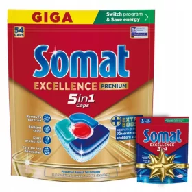   Somat Excellence Premium 5v1 kapsule za pomivalni stroj 54 kos + 3v1 tableta gratis